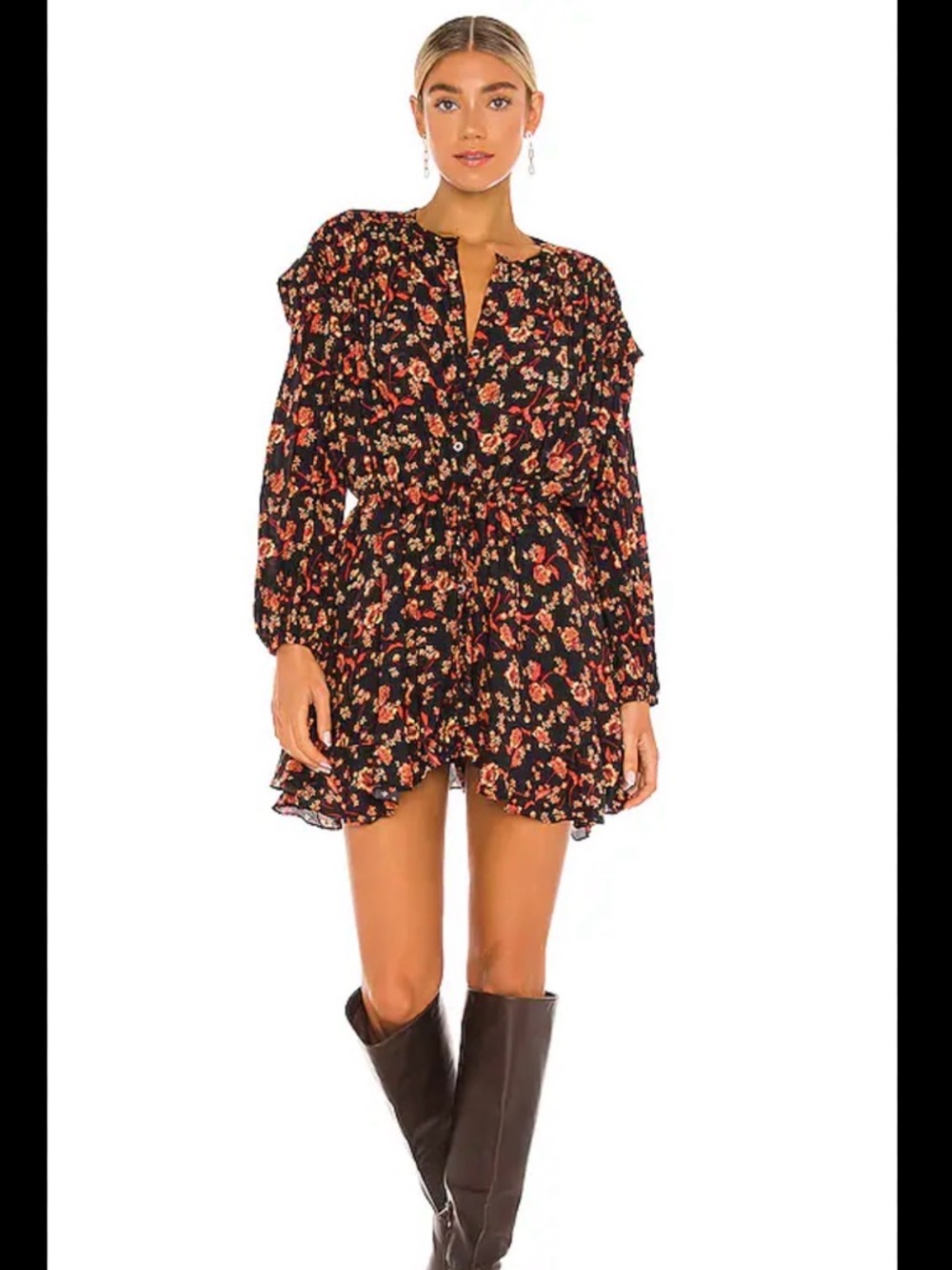 Black Floral Long-Sleeve Mini Dress Free People